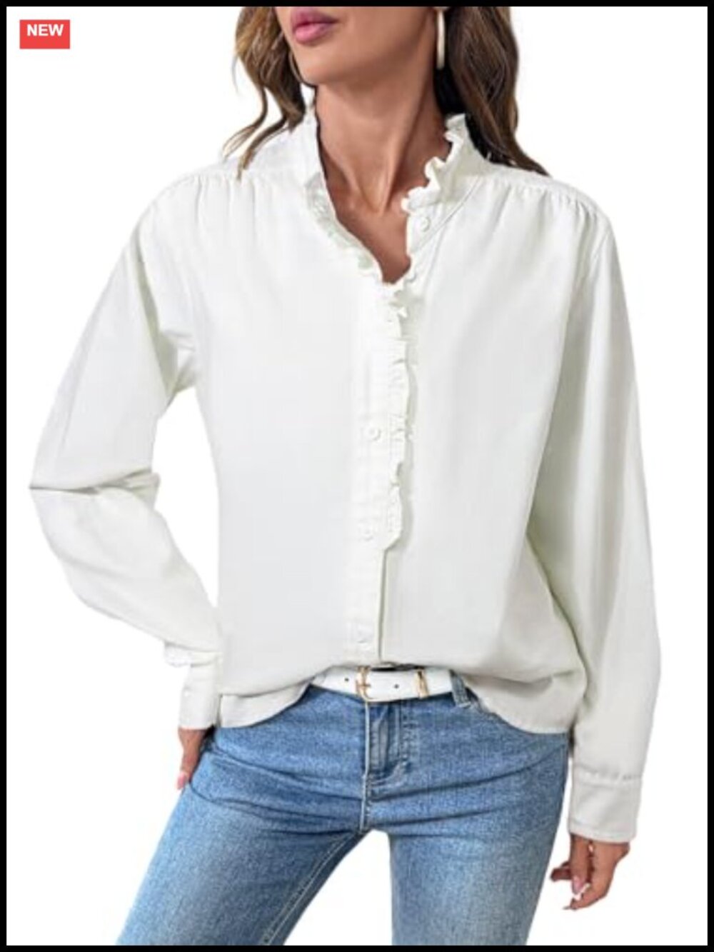 Ruffled Button Down Denim Shirt Cotton Blend Long Sleeve